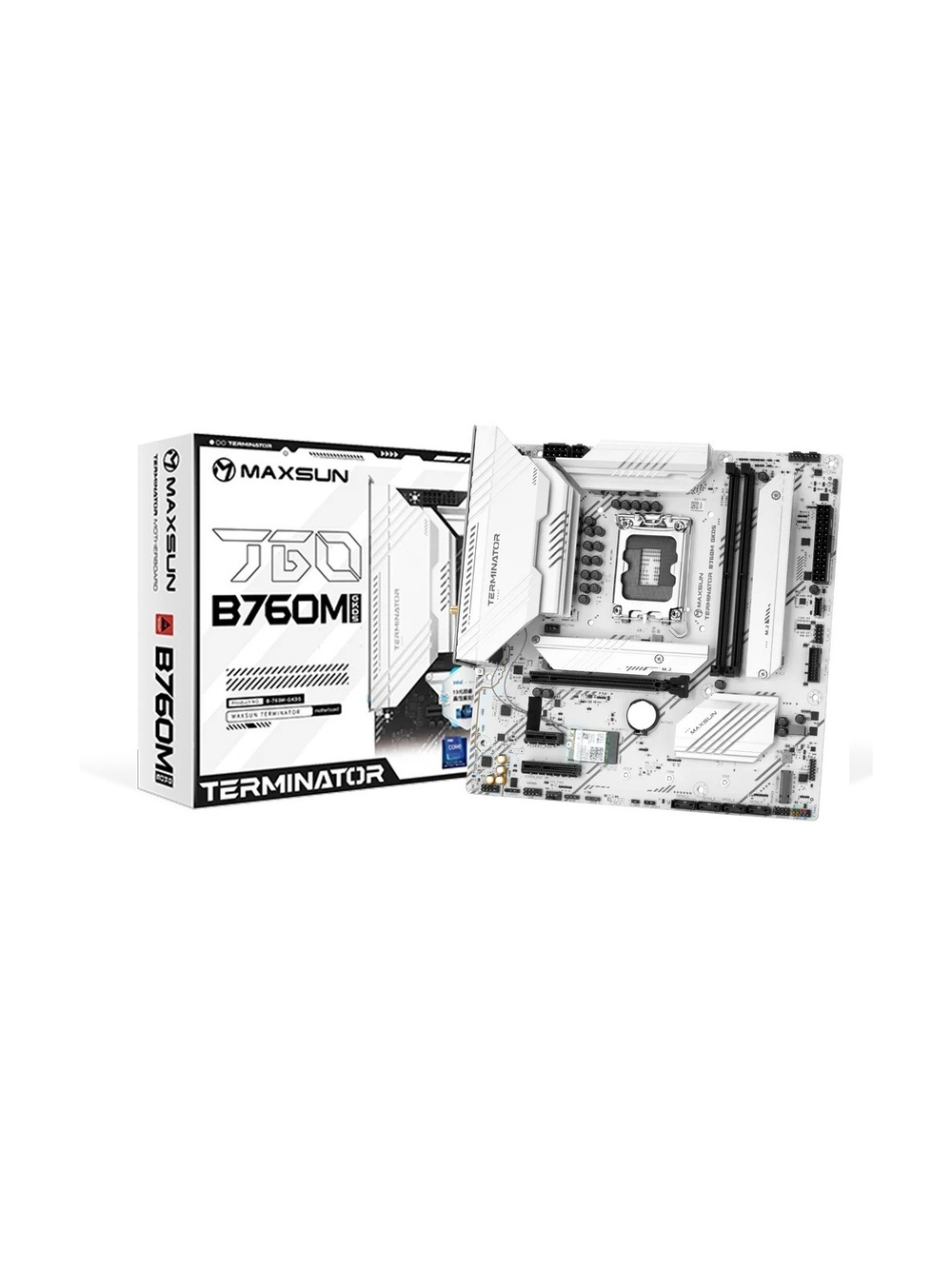 MAXSUN MS-Terminator B760M GKD5 ICE (Socket 1700, mATX, 2*DDR5(96Gb), DP/HDMI, 3*SATA3, 4*M.2, 1*PCIEx16/1*PCIEx4, 6*USB2.0, 2*USB 3.2, LAN 1*2.5G, ARGB, white, RTL)