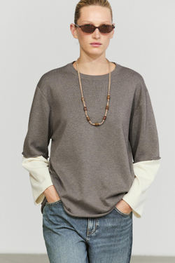 Massimo Dutti Вязаный свитер оверсайз с двойными рукавами, темный хаки