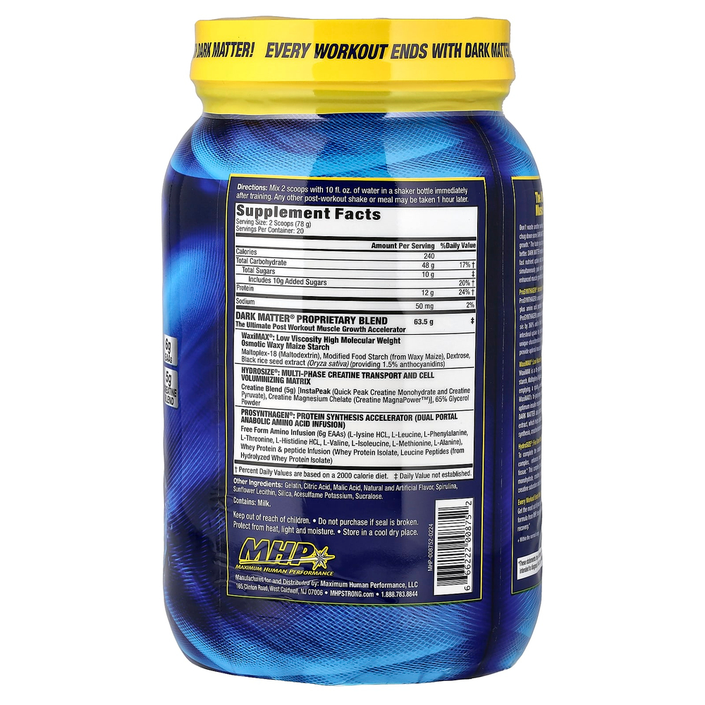 MHP, DARK MATTER, ускоритель роста мышц после тренировки, голубая малина, 1560 г (3,44 фунта)