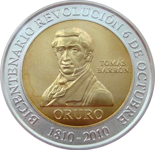 Боливия жетон медаль 2010 Оруро Война за независимость Томас Баррон 1810 СЕРЕБРО
