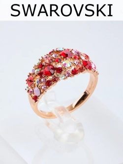 Позолоченное кольцо Россыпь из красных камней Swarovski