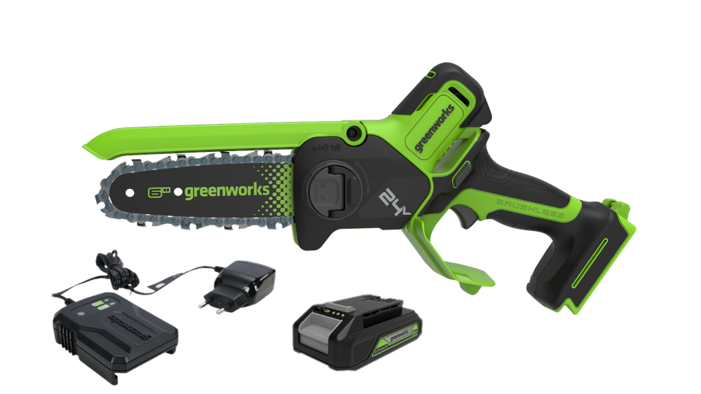 Цепная мини пила аккумуляторная Greenworks GD24CS15, 24V, 15см, бесщеточная, с автоматической смазкой цепи, c АКБ 2Ач и ЗУ ( 2010107UA) в сумке
