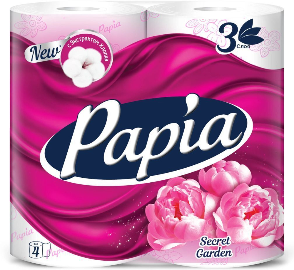Туалетная бумага PAPIA Секретный сад, 3‑слойная, 4 рулона