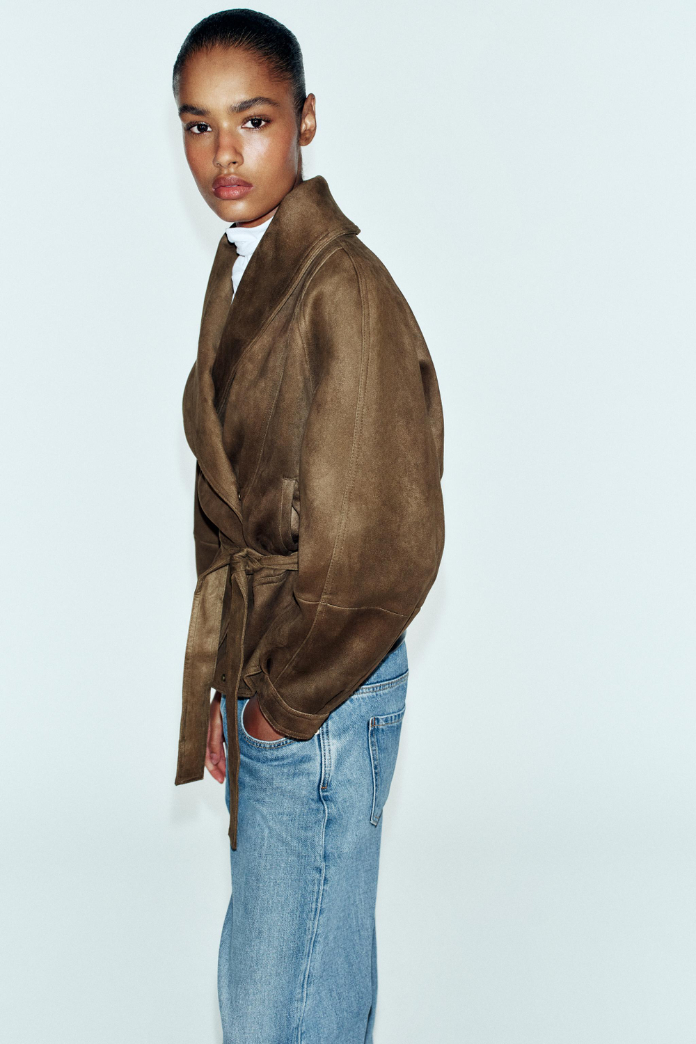 ZARA КУРТКА ИЗ ЗАМШИ С РЕМНЕМ, РЫЖЕВАТО-КОРИЧНЕВЫЙ
