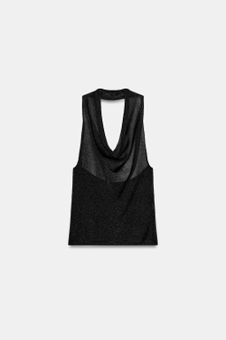 ZARA ТРИКОТАЖНЫЙ ТОП ХАЛТЕР С БЛЕСТЯЩЕЙ НИТЬЮ, ЧЕРНЫЙ