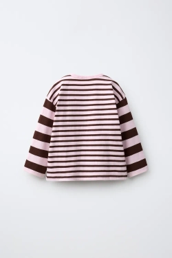 ZARA ЛОНГСЛИВ В ПОЛОСКУ С ВЫШИВКОЙ «СЕРДЦЕ», ШОКОЛАДНЫЙ