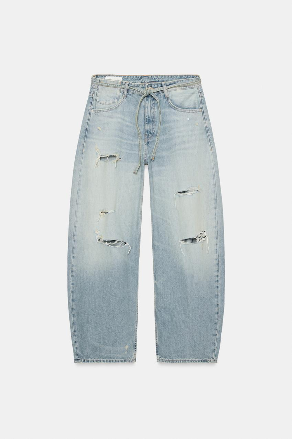 ZARA ДЖИНСЫ TRF BAGGY СО СРЕДНЕЙ ПОСАДКОЙ, ПОЯСОМ И РАЗРЕЗАМИ, ГОЛУБОЙ