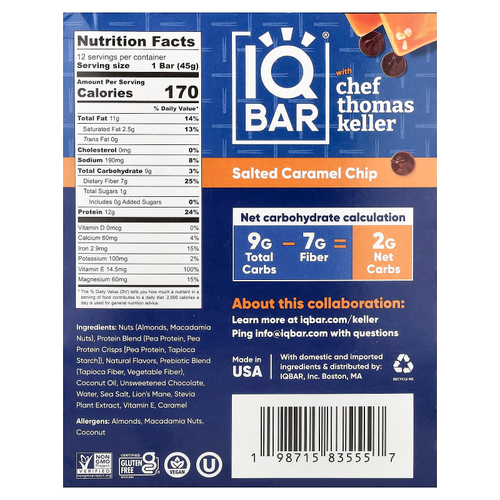 IQBAR, растительный протеиновый батончик, кусочки соленой карамели с обжаренными орехами макадамия, 12 батончиков по 45 г (1,6 унции)