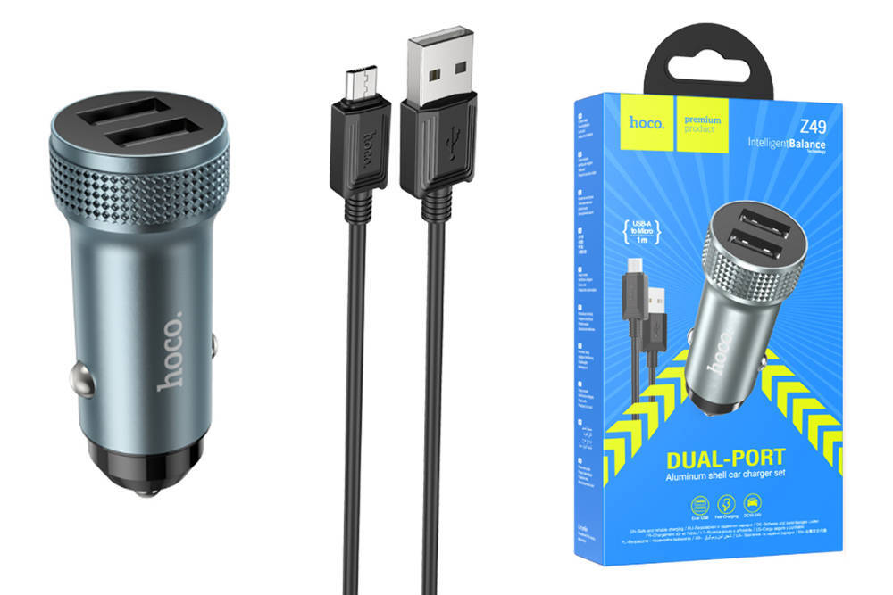 Автомобильная зарядка HOCO-Z49 12/24В-2.4А с кабелем MicroUSB серый