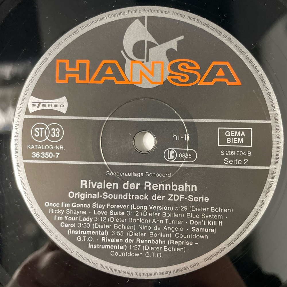 Винтажная виниловая пластинка LP Dieter Bohlen (Blue System) Музыка К Телесериалу Rivalen Der Rennbahn, (Германия 1989)