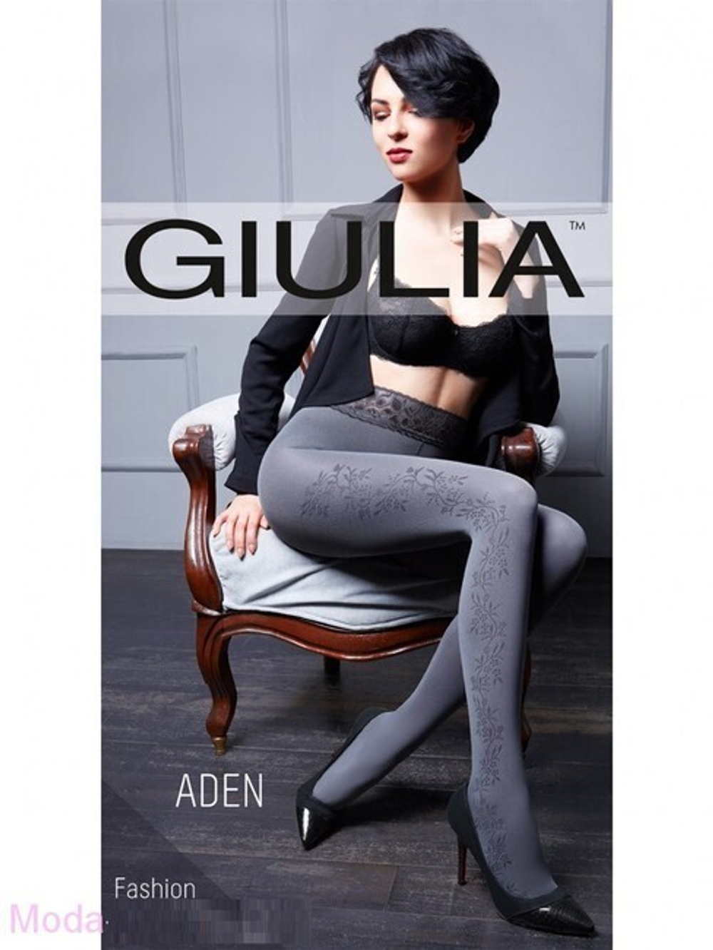 Колготки серые Giulia ADEN 02 с фантазийным рисунком на кружевном поясе с силиконовой основой,120 den , 3 М (Цвет: темно-серый)