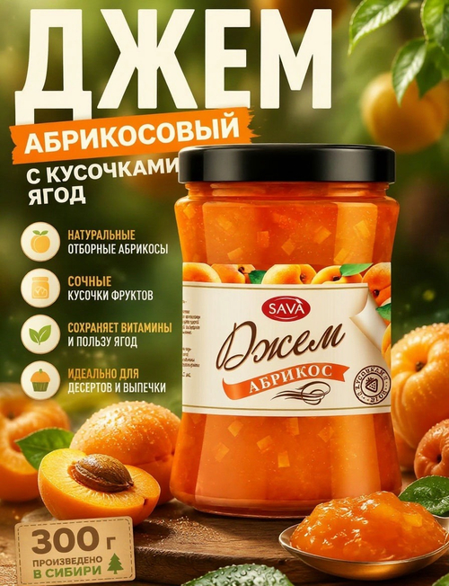 Абрикосовый джем с кусочками / стеклобанка / 300 г / Сава