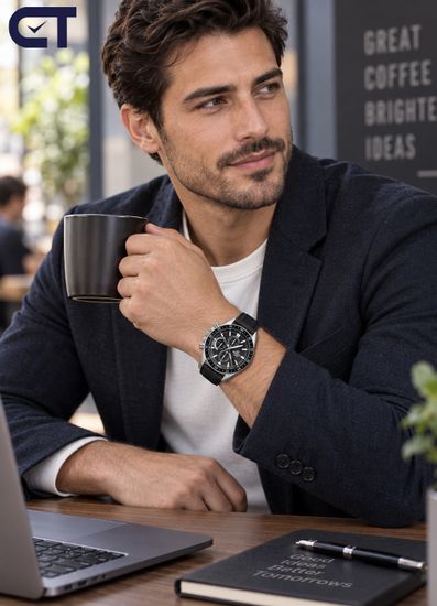 CASIO EFV-620L-1AVUDF EDIFICE мужские наручные часы — хронограф на кожаном ремешке с черным циферблатом
