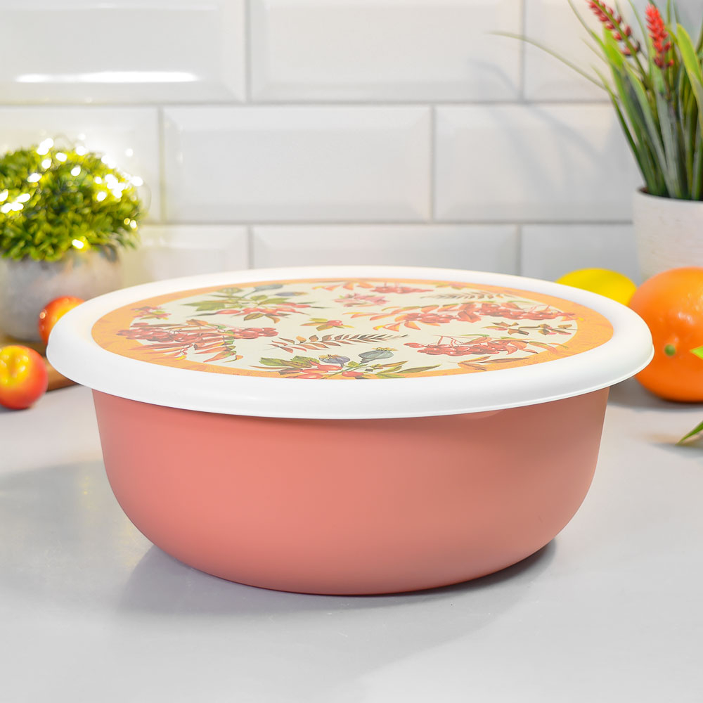 Миска 3,2л с крышкой с декором (оранжевый)