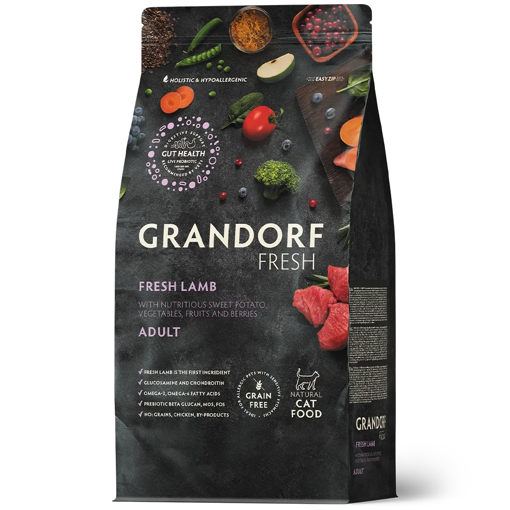 Сухой корм GRANDORF FRESH CAT Lamb беззерновой ягненок с бататом для взрослых кошек, чувствительное пищеварение или склонность к аллергии 2кг