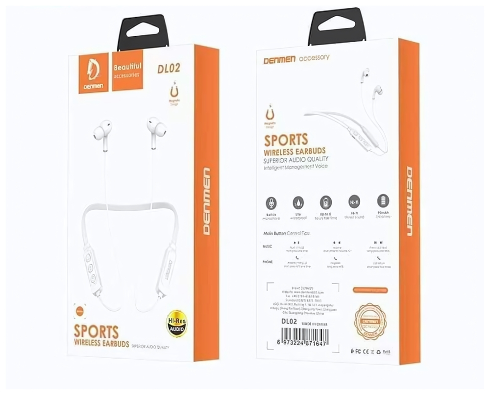 Bluetooth - гарнитура DENMEN DL02, вакуумные, BT5.0, 90mAh White