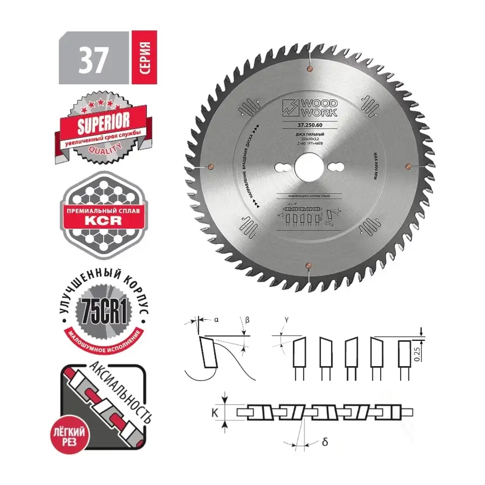 Диск пильный для фанеры 250x3,2/2,2x30 Z=60 A=12 Woodwork 37.250.60