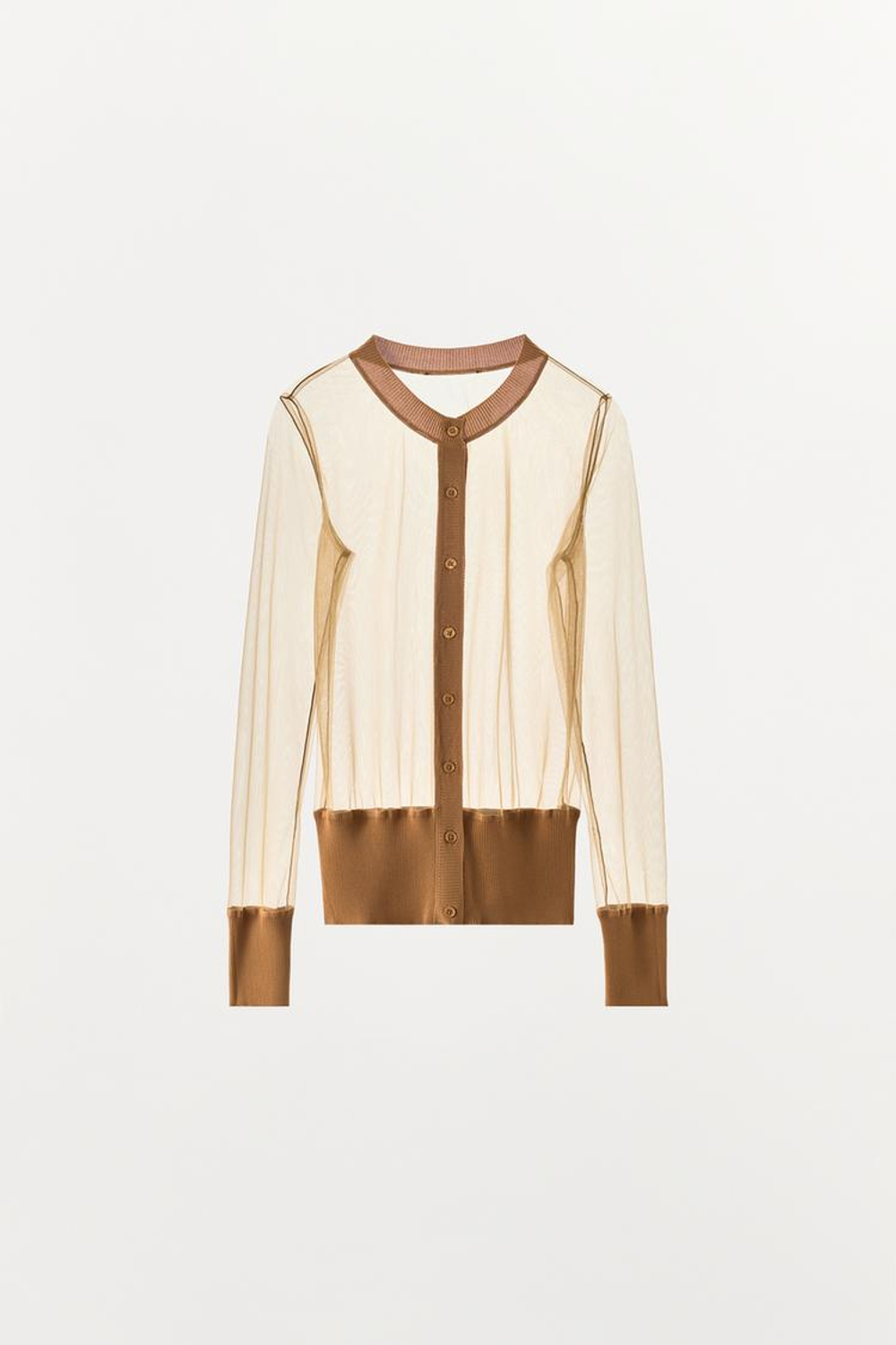 ZARA КАРДИГАН ИЗ ЖОРЖЕТА И ТРИКОТАЖА, СВЕТЛО-КОРИЧНЕВЫЙ