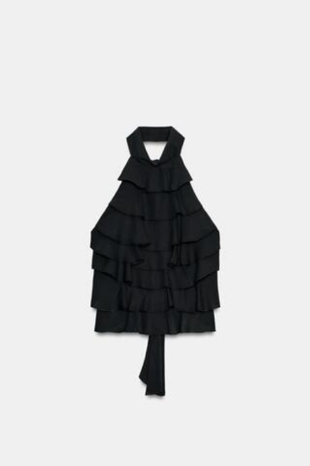 ZARA ТОП ИЗ ЖОРЖЕТА С ГОРЛОВИНОЙ ХАЛТЕР, ЧЕРНЫЙ
