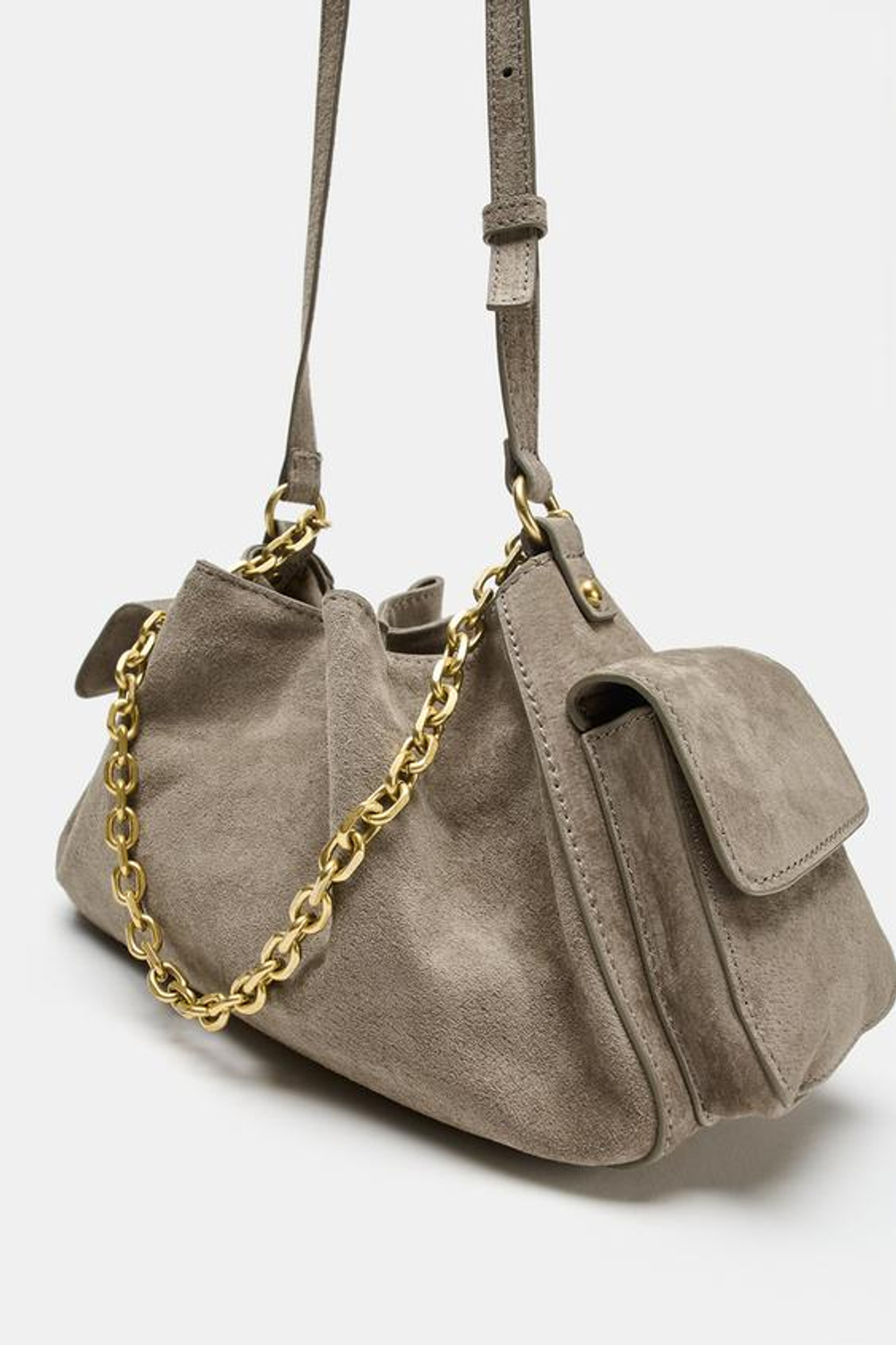 ZARA МИНИ-СУМКА ИЗ КОЖИ СО СБОРКАМИ, СЕРЫЙ