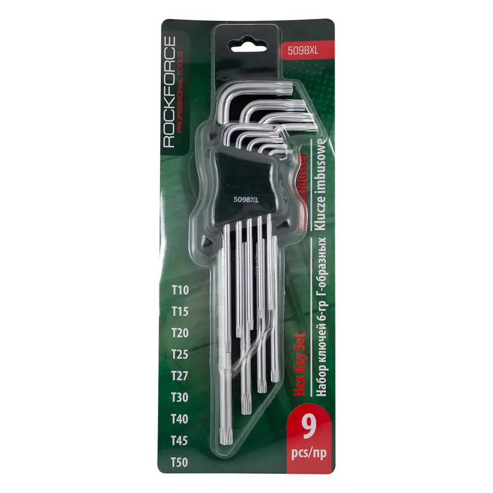 Набор ключей TORX Г-образных экстра длинных, 9пр. (Т10, Т15, Т20, Т25, Т27, Т30, Т40, Т45, Т50) в пластиковом держателе RockForce##Rock FORCE RF-5098XL