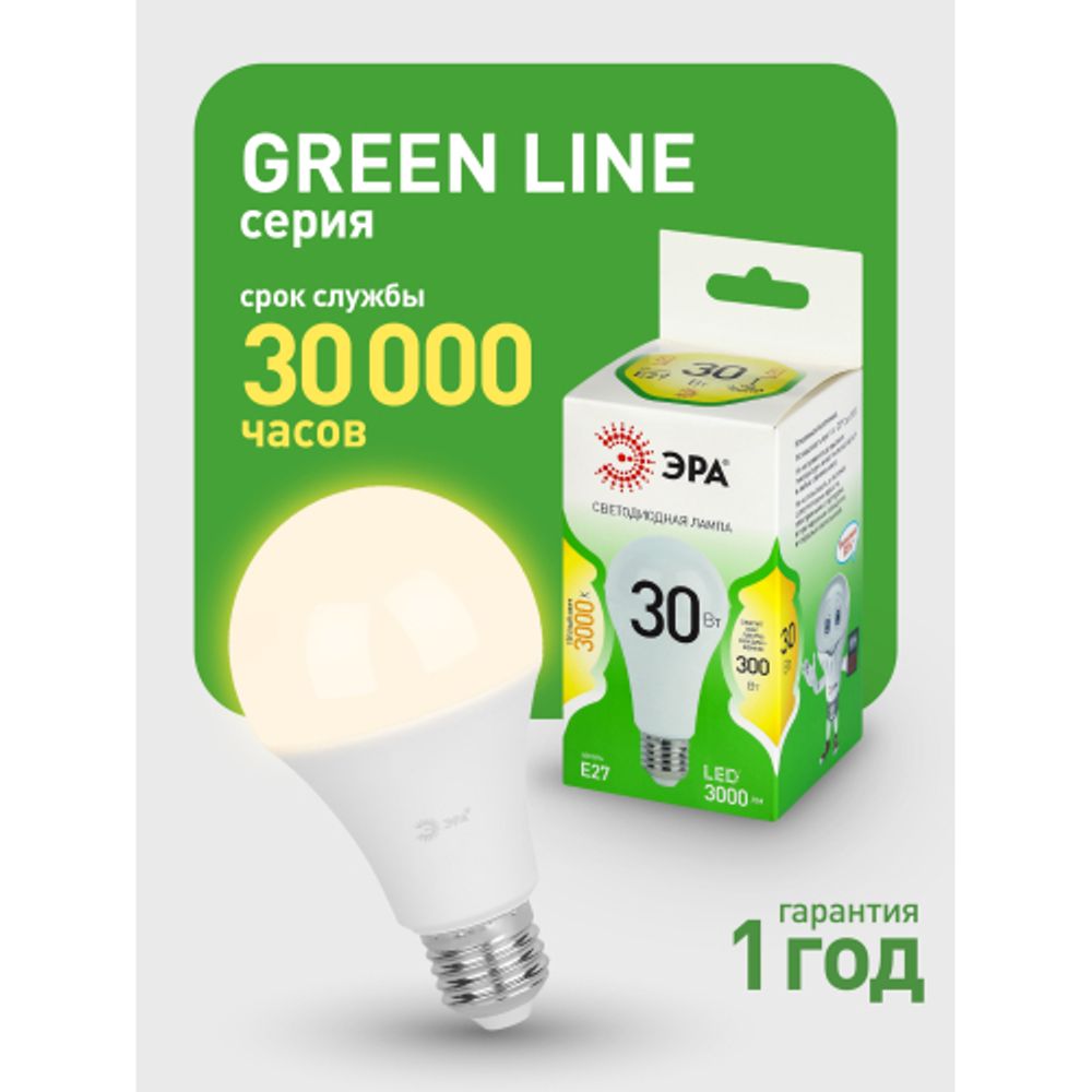 Лампа светодиодная ЭРА GREEN LINE LED A65-30W-830-E27 GL 30Вт груша теплый свет E27 | Лампы cветодиодные Груша (A)