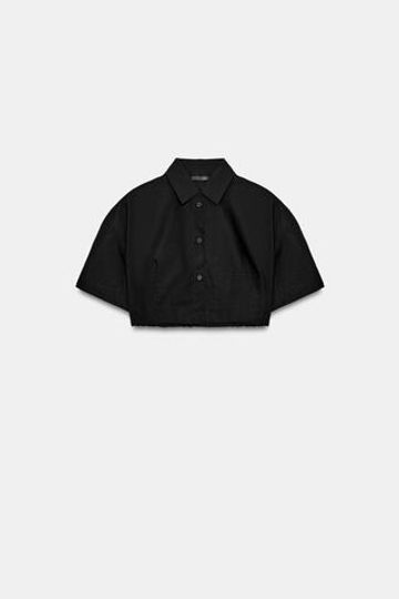 ZARA УКОРОЧЕННАЯ РУБАШКА ИЗ ПОПЛИНА В ПОЛОСКУ, ЧЕРНЫЙ
