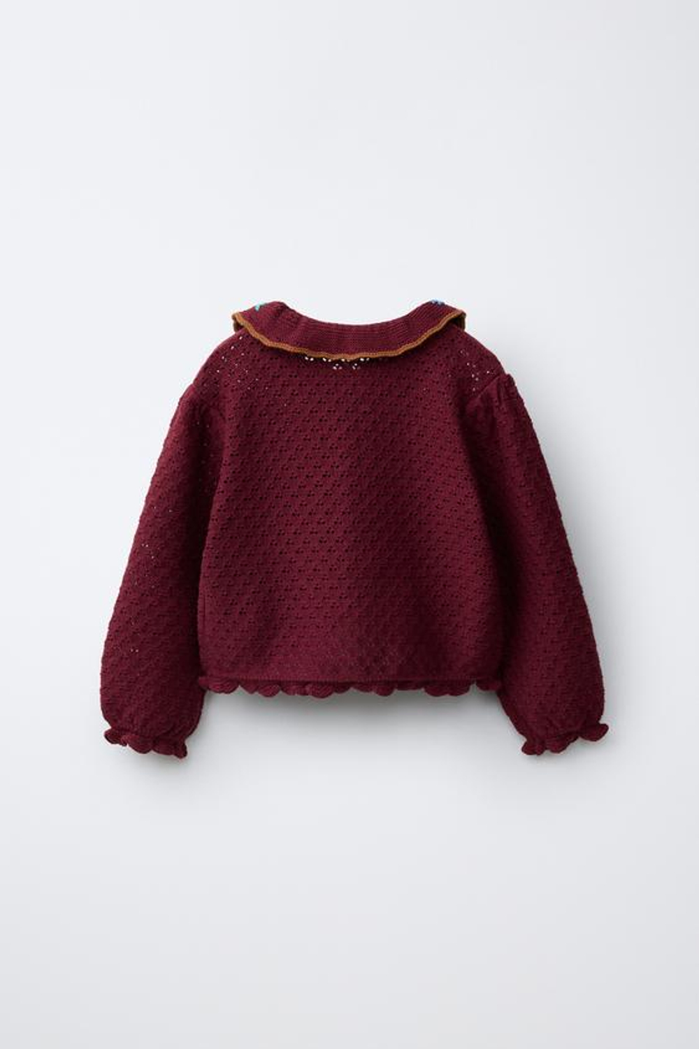 ZARA ТРИКОТАЖНЫЙ КАРДИГАН С ВЫШИВКОЙ ИЗ ХЛОПКА И ЛЬНА, ТЕМНО-БОРДОВЫЙ