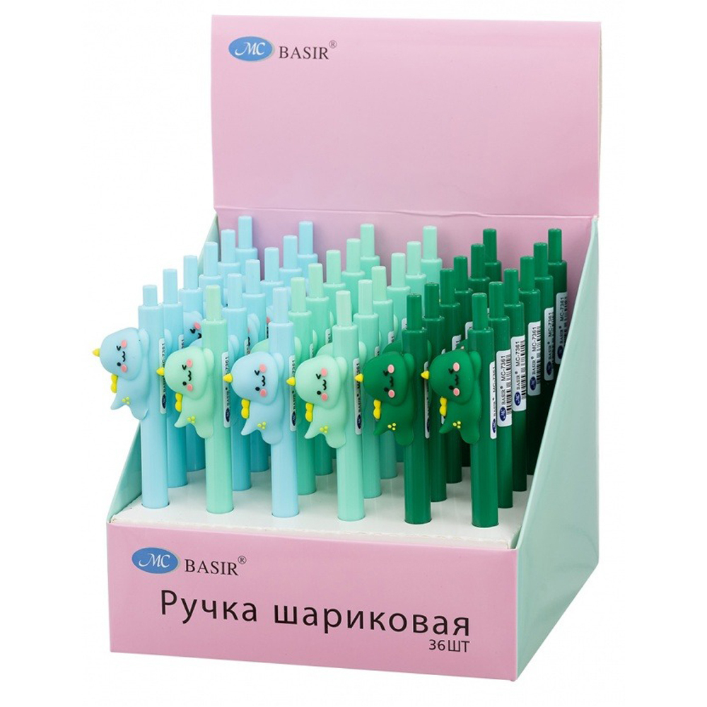 Ручка шариковая, автоматическая, Basir, синие чернила, серия "ДИНОЗАВРИК", с фигуркой на корпусе, 36 шт