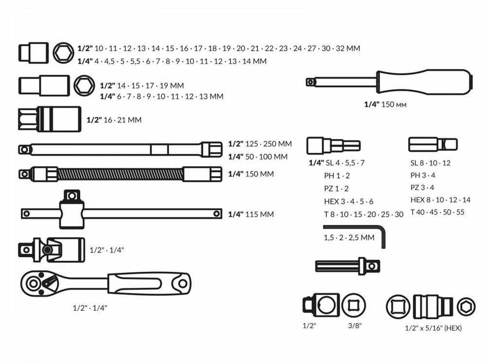 Набор головок и бит 94пр. TREK (1/4\, 1/2\", 6 граней) (TR13094)"
