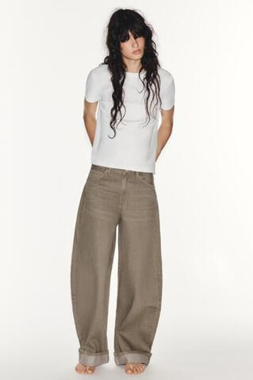ZARA ДЖИНСЫ TRF BAGGY FOLDED СО СРЕДНЕЙ ПОСАДКОЙ, СЕРО-КОРИЧНЕВЫЙ