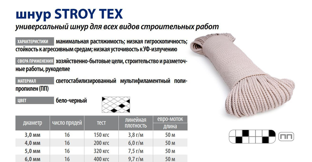 Шнур плетеный Петроканат STROY-TEX 5,0 мм, тест 320 кг, 50 м, евромоток