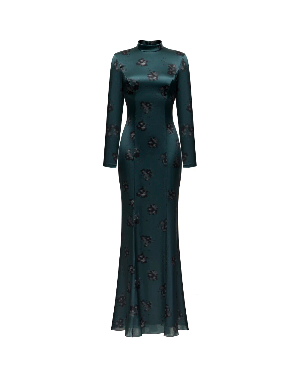 Белла макси (Bella maxi), платье с длинным рукавом из изумрудного атласа средние черные цветы