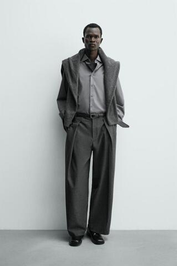 ZARA БРЮКИ WIDE FIT СО СКЛАДКАМИ, СЕРЫЙ МЕЛАНЖ