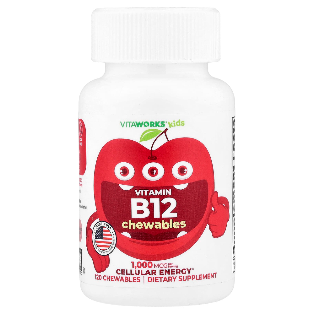 VitaWorks, витамин B12 для детей, с вишневым вкусом, 120 жевательных таблеток (500 мкг в 1 жевательной таблетке)