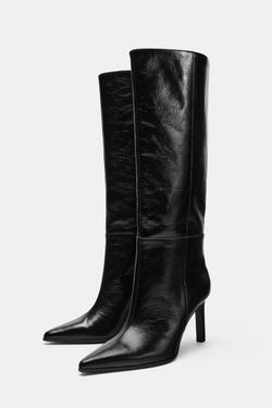 ZARA КОЖАНЫЕ САПОГИ НА КАБЛУКЕ, ЧЕРНЫЙ