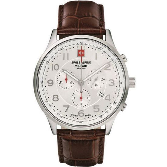 С ремешком Мужские наручные часы с коричневым кожаным ремешком Swiss Alpine Military 7084.9532 Chronograph 43mm 10ATM