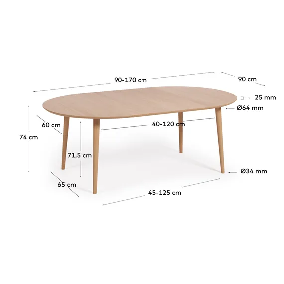 Раздвижной стол Oqui Ø90-170х90 см, шпон дуба