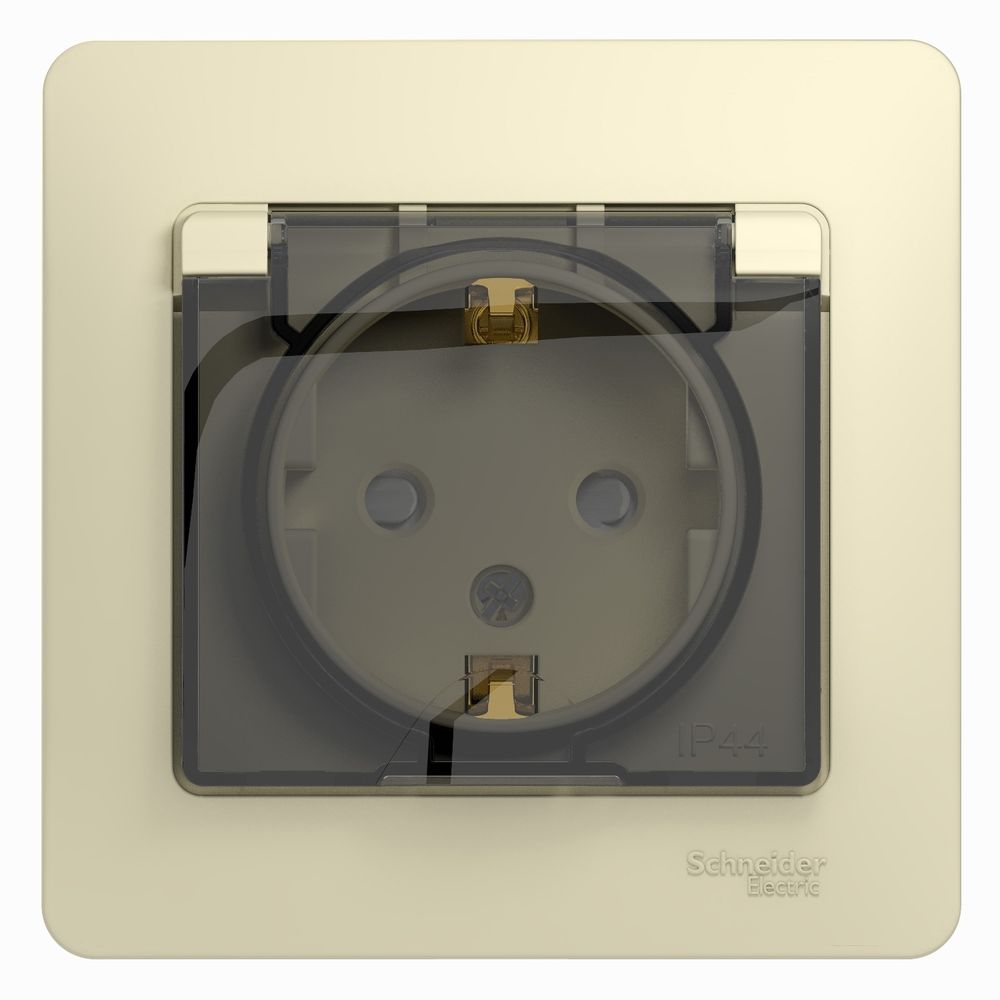 Schneider Electric Glossa Бежевый Розетка с заземляющими контактами со шторками с крышкой IP44, в сборе с рамкой скрытая установка GSL000248