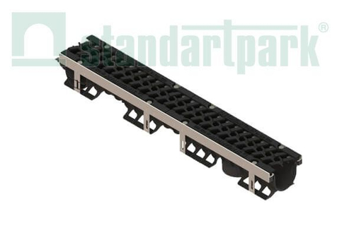 Лоток водоотводный PolyMax Drive DN100 h136 пластиковый с решеткой щелевой чугунной ВЧ кл. Е (комплект)