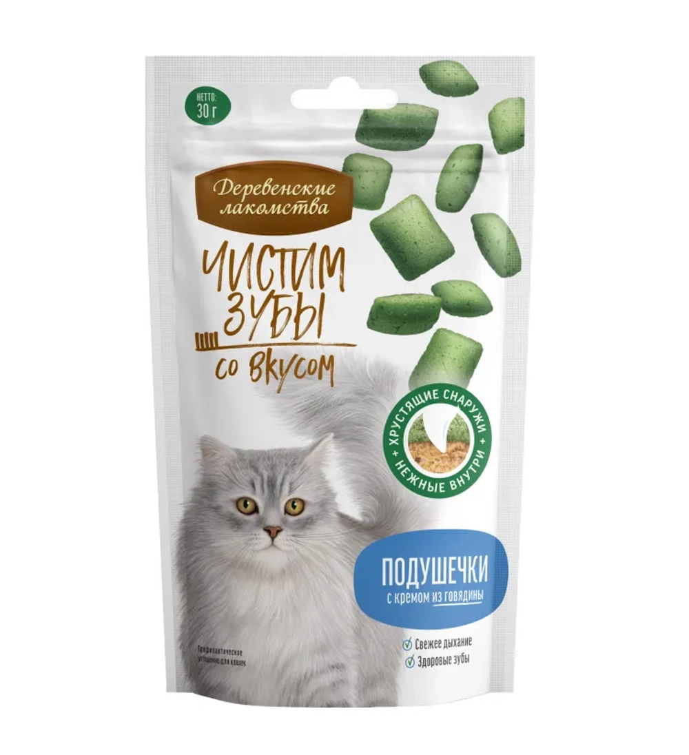 Деревенские лакомства чистим зубы для кошек подушечки с кремом с говядина 30г