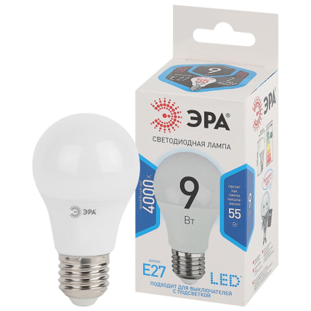 Лампа светодиодная ЭРА STD LED A60-9W-840-E27 9Вт груша нейтральный белый свет Е27 | Лампы cветодиодные Груша (A)
