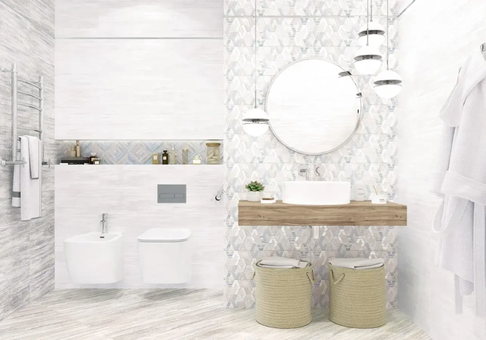 Бордюр Alma Ceramica BWA61MDS406 Medis 3x60 бежевый / голубой матовый с орнаментом