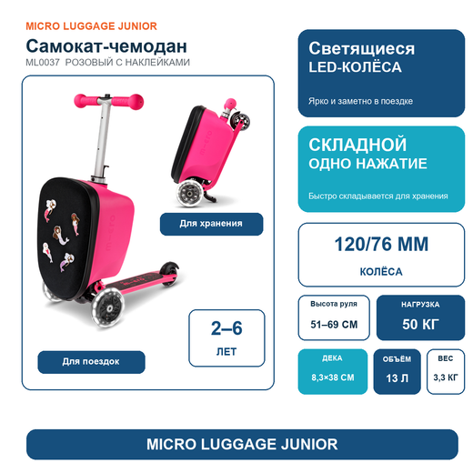 Чемокат Micro Luggage Junior LED розовый с наклейками