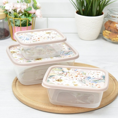 Комплект контейнеров для продуктов 3шт (0,5л; 0,85л; 1,5л), прямоугольные с декором (бежевый)