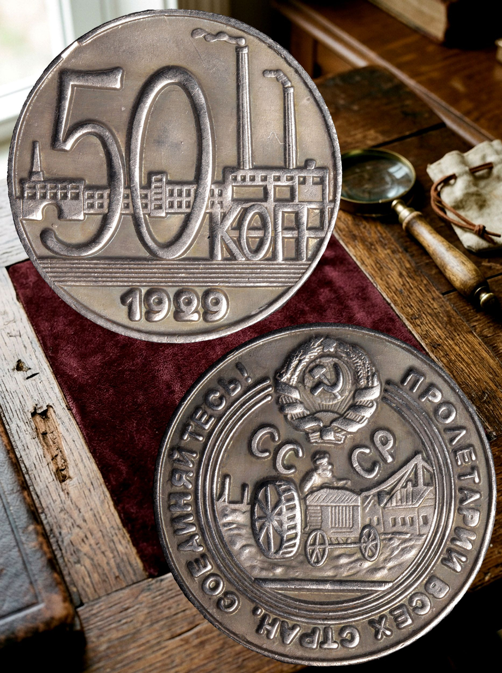 50 копеек 1929 года. Трактор. Тракторист. СССР. Копия пробной советской монеты. посеребрение