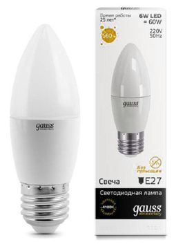 Лампа свеча Gauss Elementary LED 6W Е27 3000K AC220-240V матовое стекло 33216