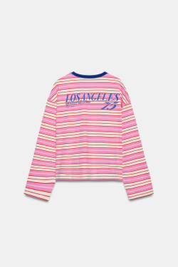 ZARA ФУТБОЛКА В ПОЛОСКУ С НАДПИСЬЮ, РОЗОВЫЙ/БЕЛЫЙ