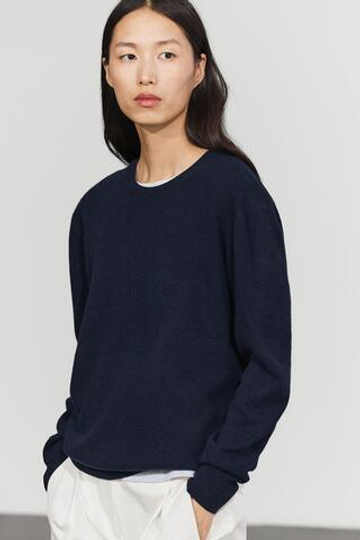 Massimo Dutti Вязаный свитер с круглым вырезом из смесовой шерсти, темно-синий