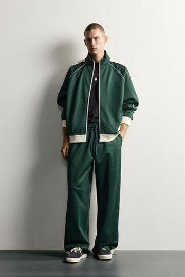 ZARA СПОРТИВНЫЕ БРЮКИ В РЕТРОСТИЛЕ С КОНТРАСТНЫМИ ЛАМПАСАМИ, ЗЕЛЕНЫЙ